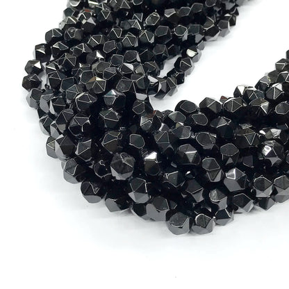 CAG216 Black Agate Beads Faceted Nuggets 8mm 15" Strand