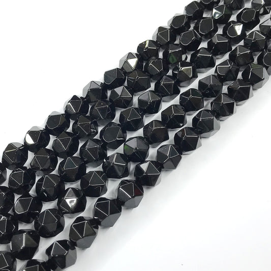 CAG217 Black Agate Beads Faceted Nuggets 10mm 15" Strand