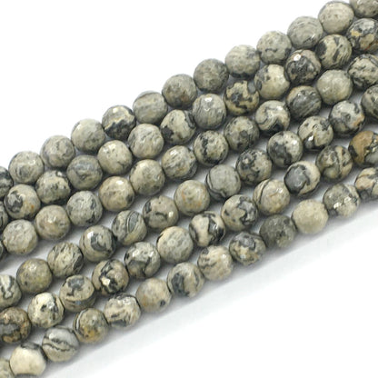 CJP100 Grey Picture Jasper Beads Faceted Round 8mm 15.5" Strand