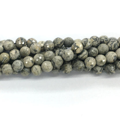 CJP100 Grey Picture Jasper Beads Faceted Round 8mm 15.5" Strand