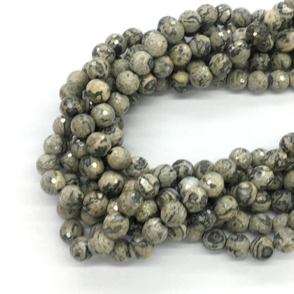 CJP100 Grey Picture Jasper Beads Faceted Round 8mm 15.5" Strand