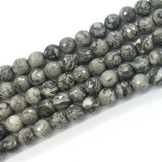 CJP101 Grey Picture Jasper Beads Faceted Round 10mm 15.5" Strand