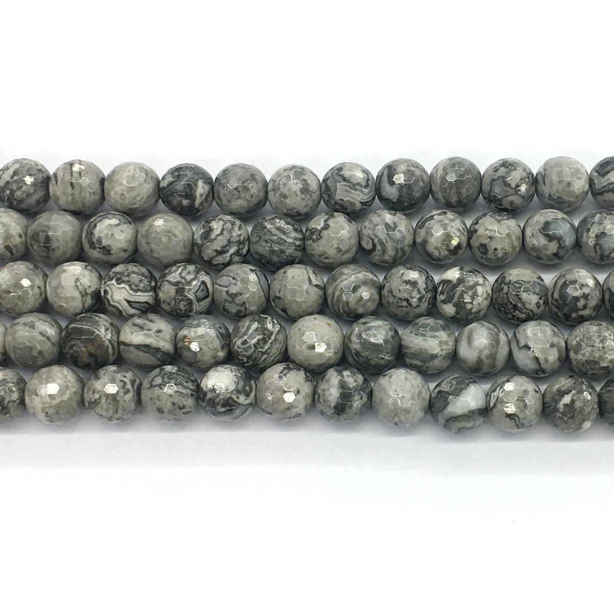 CJP101 Grey Picture Jasper Beads Faceted Round 10mm 15.5" Strand