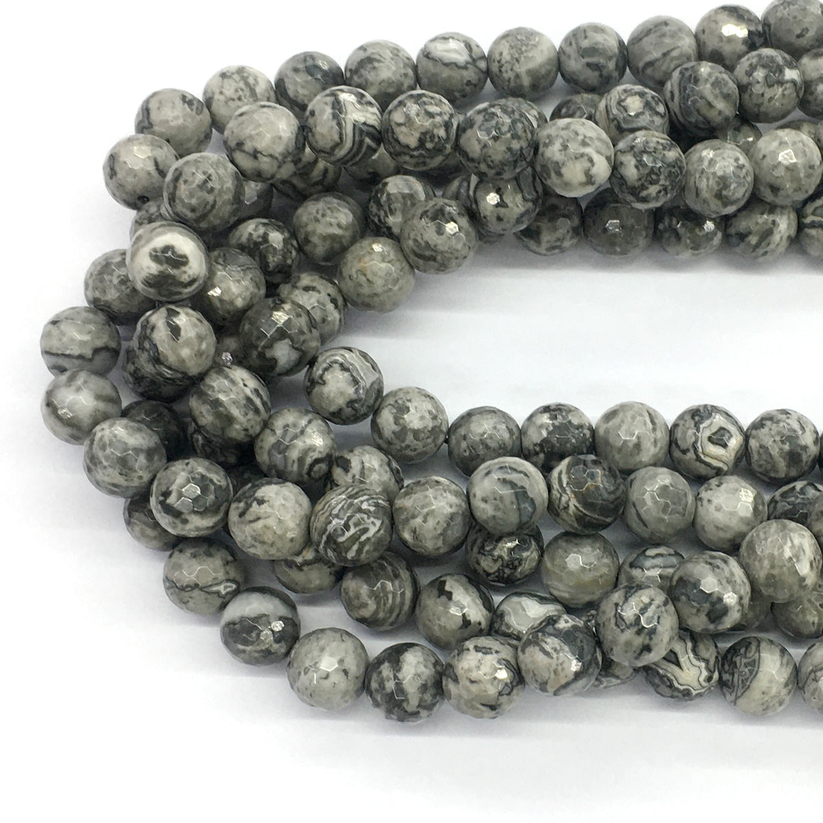 CJP101 Grey Picture Jasper Beads Faceted Round 10mm 15.5" Strand