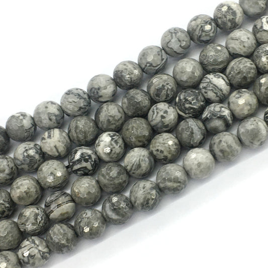 CJP102 Grey Picture Jasper Beads Faceted Round 12mm 15.5" Strand