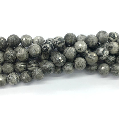 CJP102 Grey Picture Jasper Beads Faceted Round 12mm 15.5" Strand