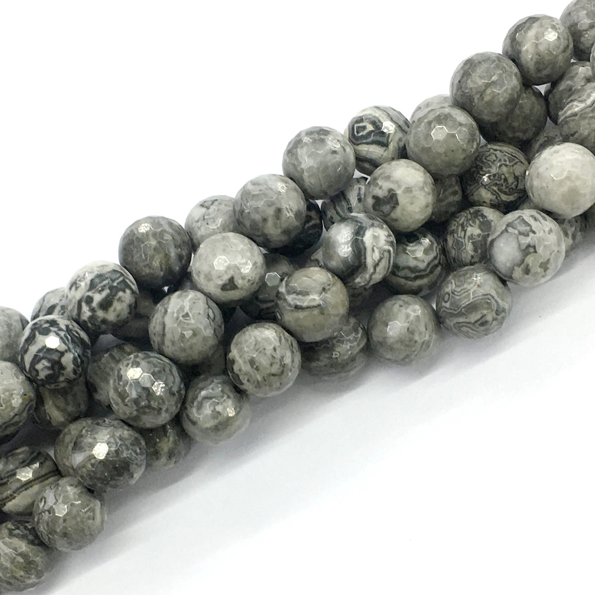 CJP102 Grey Picture Jasper Beads Faceted Round 12mm 15.5" Strand