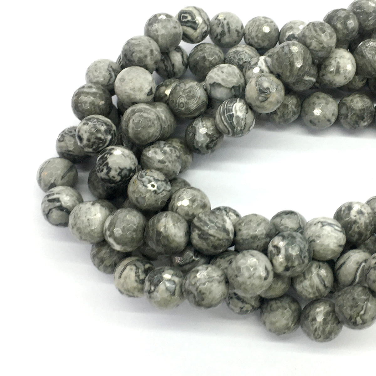 CJP102 Grey Picture Jasper Beads Faceted Round 12mm 15.5" Strand