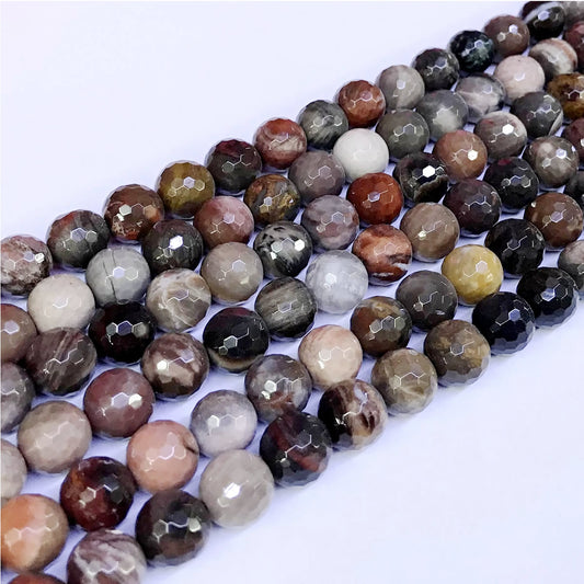 CJP14 Petrified Wood Jasper Beads Faceted Round 10mm 15" Strand