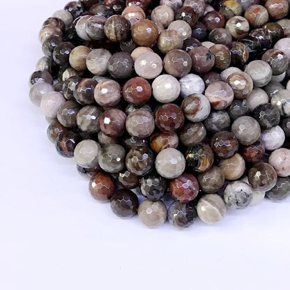 CJP14 Petrified Wood Jasper Beads Faceted Round 10mm 15" Strand