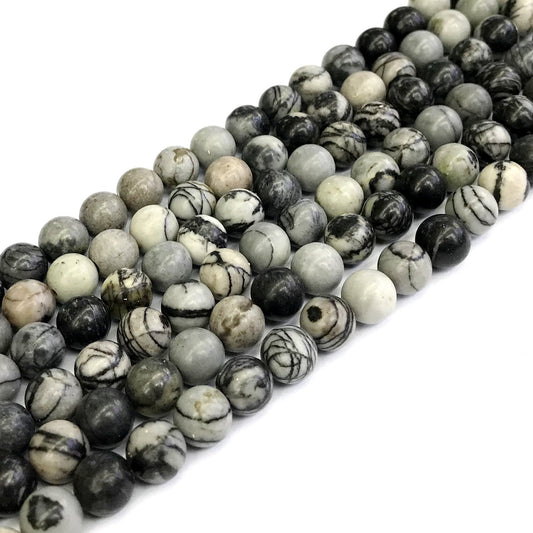 CJP194 Black Net Jasper Beads Smooth Round 8mm 15" Strand