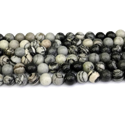 CJP194 Black Net Jasper Beads Smooth Round 8mm 15" Strand