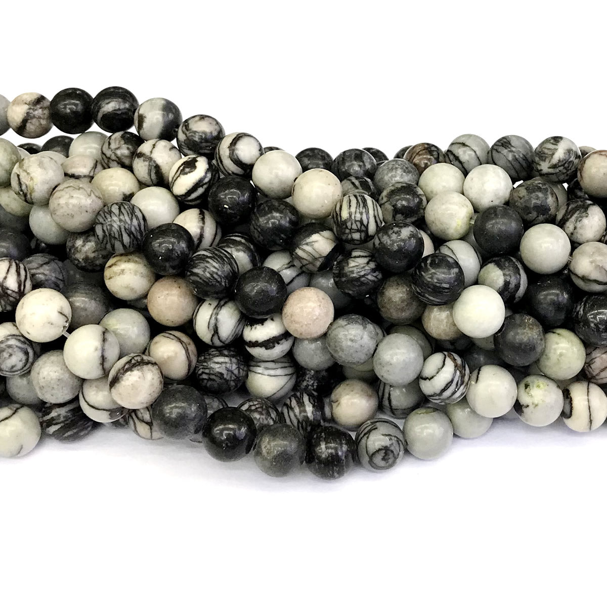 CJP194 Black Net Jasper Beads Smooth Round 8mm 15" Strand