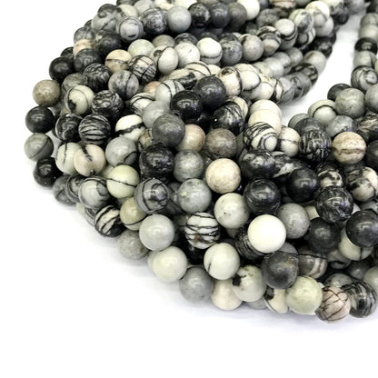 CJP194 Black Net Jasper Beads Smooth Round 8mm 15" Strand