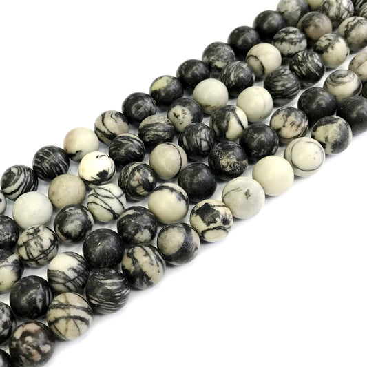 CJP195 Black Net Jasper Beads Smooth Round 10mm 15" Strand