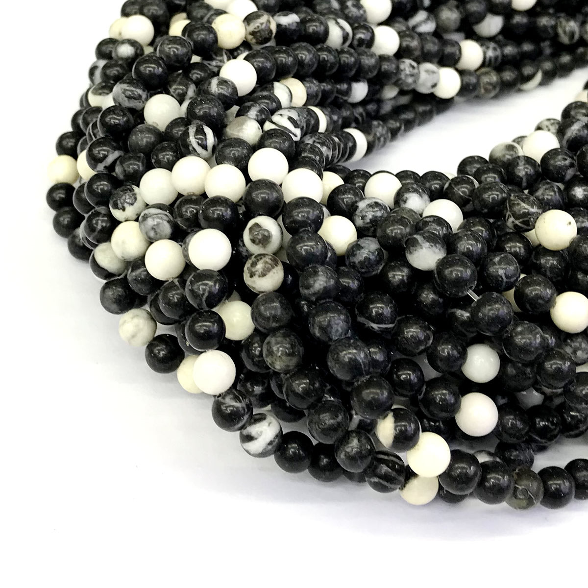 CJP201 Black & White Jasper Beads Smooth Round 6mm 15" Strand