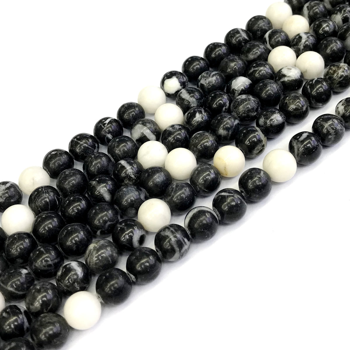 CJP202 Black & White Jasper Beads Smooth Round 8mm 15" Strand