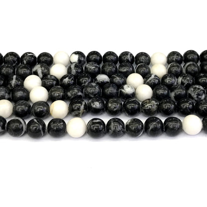 CJP202 Black & White Jasper Beads Smooth Round 8mm 15" Strand