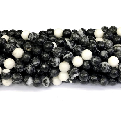 CJP202 Black & White Jasper Beads Smooth Round 8mm 15" Strand