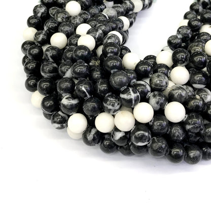 CJP202 Black & White Jasper Beads Smooth Round 8mm 15" Strand