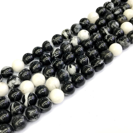 CJP203 Black & White Jasper Beads Smooth Round 10mm 15" Strand