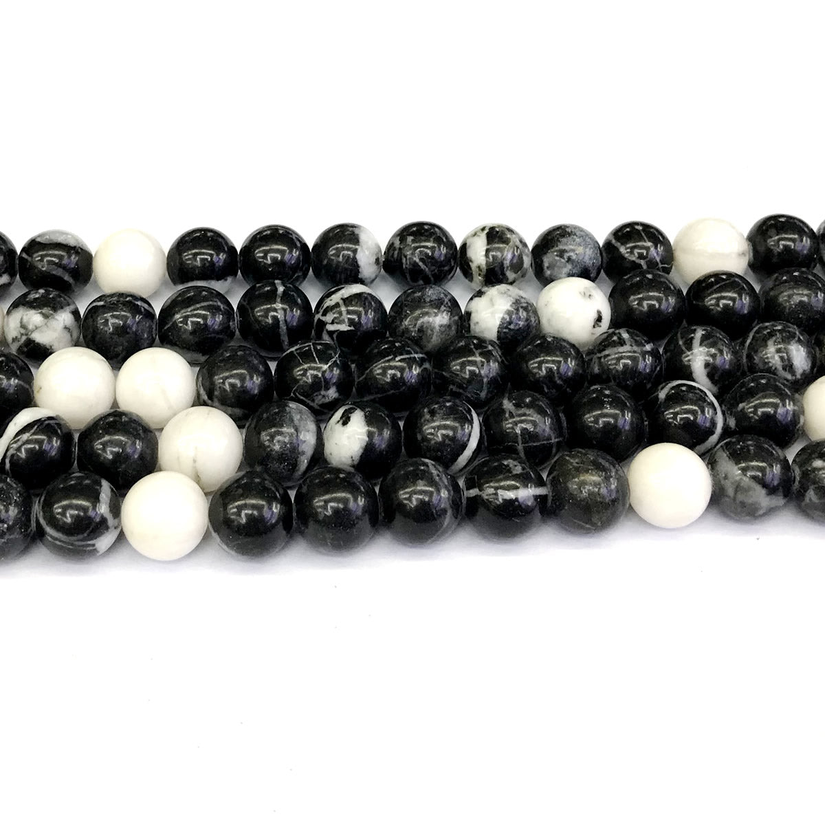 CJP203 Black & White Jasper Beads Smooth Round 10mm 15" Strand