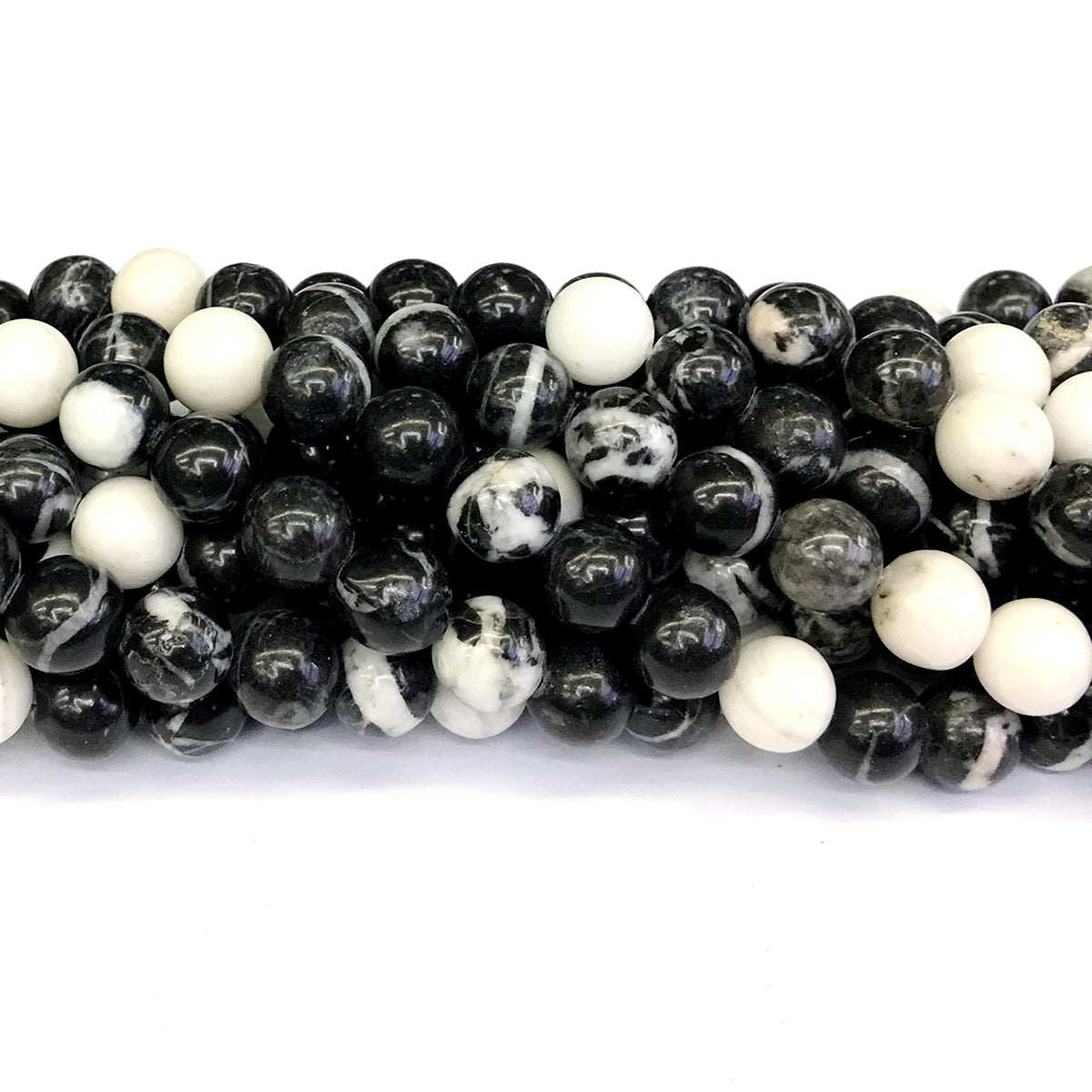 CJP203 Black & White Jasper Beads Smooth Round 10mm 15" Strand