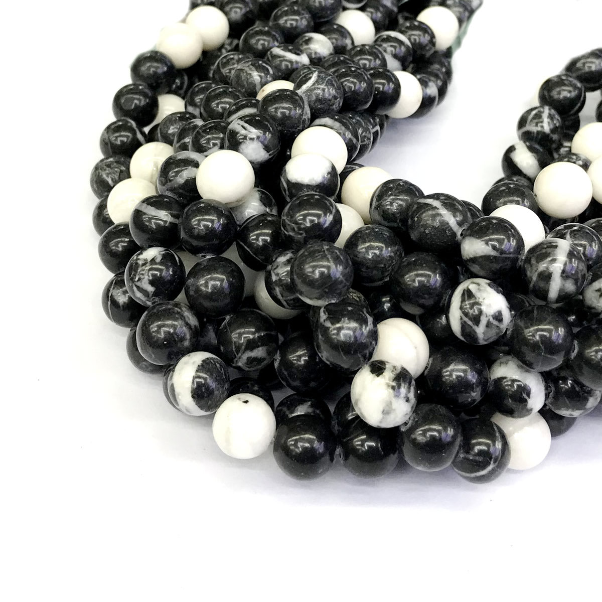 CJP203 Black & White Jasper Beads Smooth Round 10mm 15" Strand