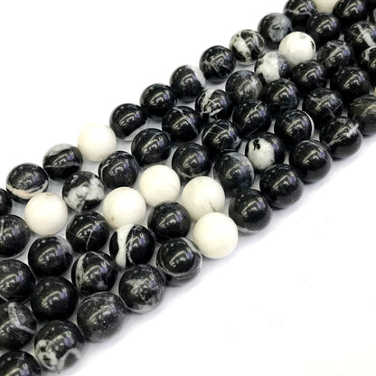 CJP204 Black & White Jasper Beads Smooth Round 12mm 15" Strand