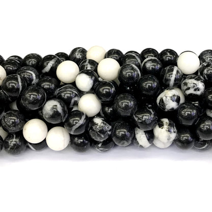 CJP204 Black & White Jasper Beads Smooth Round 12mm 15" Strand