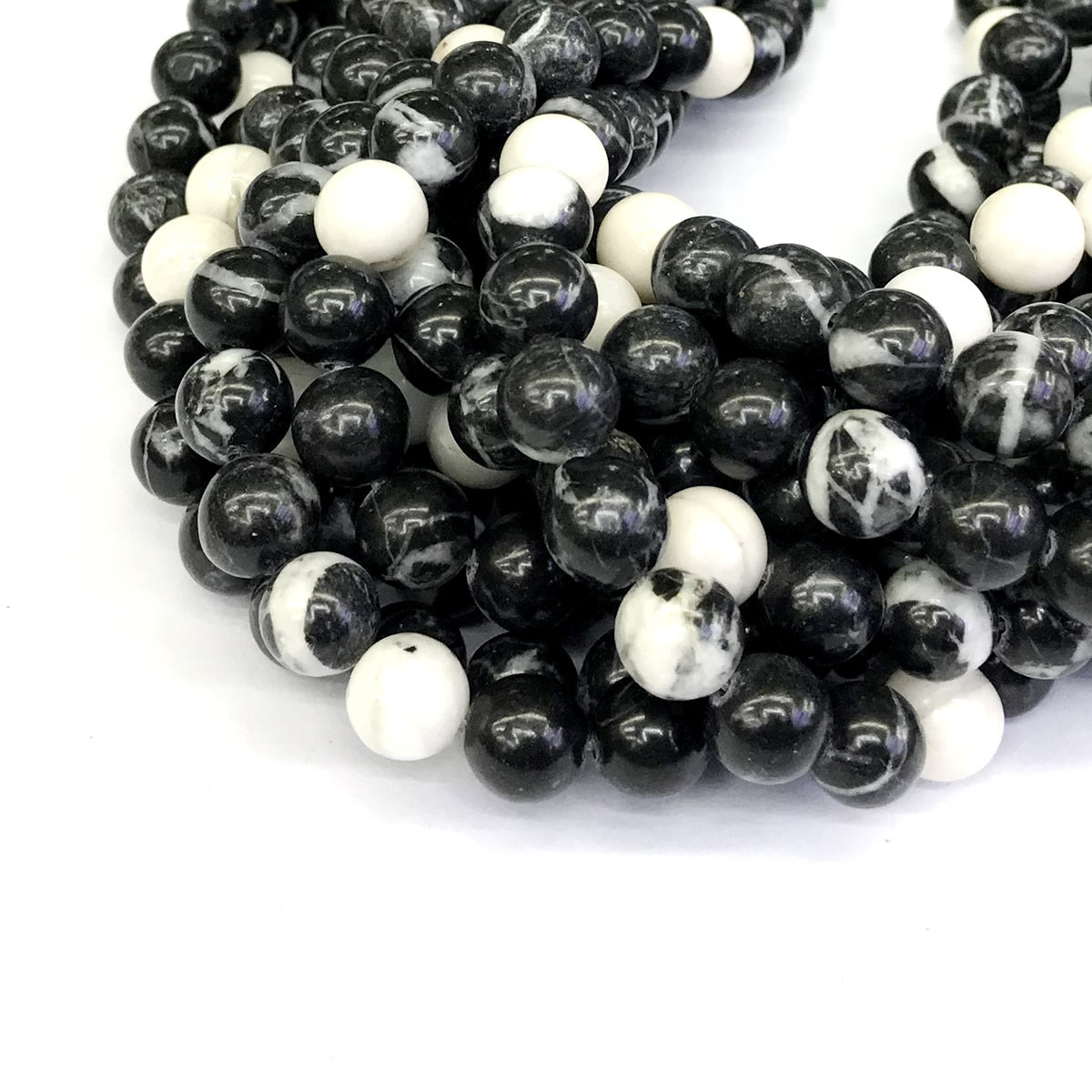 CJP204 Black & White Jasper Beads Smooth Round 12mm 15" Strand