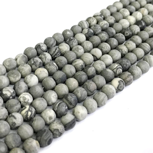 CJP257 Grey Picture Jasper Beads Matte Round 6mm 15" Strand