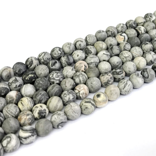 CJP258 Grey Picture Jasper Beads Matte Round 8mm 15" Strand