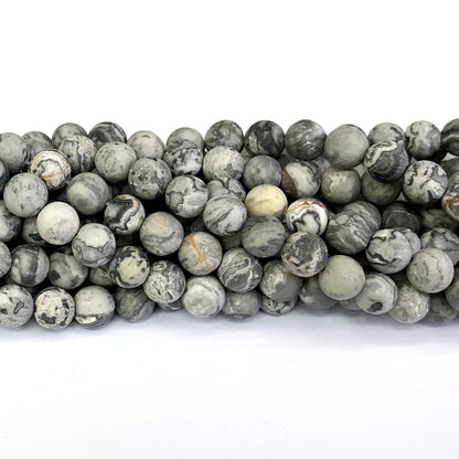 CJP258 Grey Picture Jasper Beads Matte Round 8mm 15" Strand