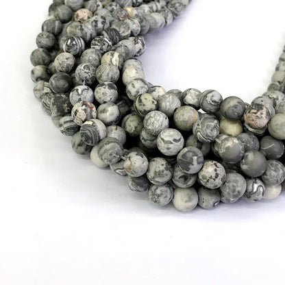 CJP258 Grey Picture Jasper Beads Matte Round 8mm 15" Strand