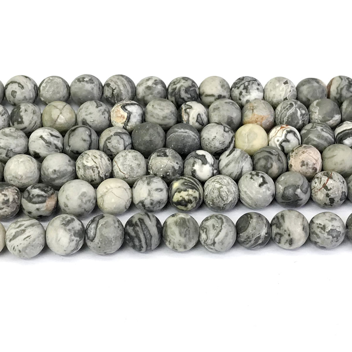 CJP259 Grey Picture Jasper Beads Matte Round 10mm 15" Strand