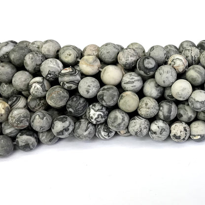 CJP259 Grey Picture Jasper Beads Matte Round 10mm 15" Strand