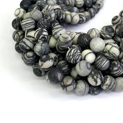 CJP266 Black Net Jasper Beads Matte Round 12mm 15" Strand