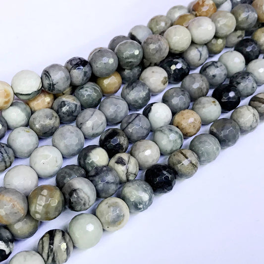 CJP39 Black Picasso Jasper Beads Faceted Round 10mm 15" Strand