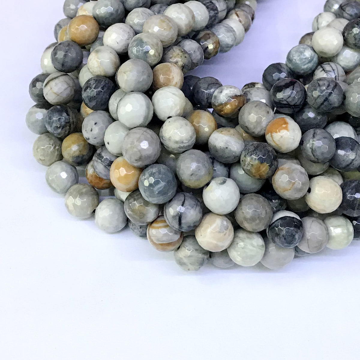 CJP39 Black Picasso Jasper Beads Faceted Round 10mm 15" Strand