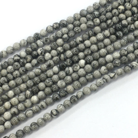 CJP90 Grey Picture Jasper Beads Smooth Round 4mm 15.5" Strand