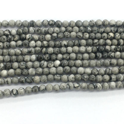 CJP90 Grey Picture Jasper Beads Smooth Round 4mm 15.5" Strand