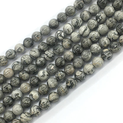 CJP92 Grey Picture Jasper Beads Smooth Round 8mm 15.5" Strand