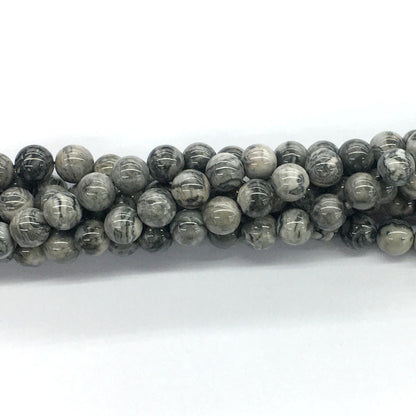 CJP92 Grey Picture Jasper Beads Smooth Round 8mm 15.5" Strand