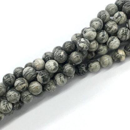 CJP92 Grey Picture Jasper Beads Smooth Round 8mm 15.5" Strand