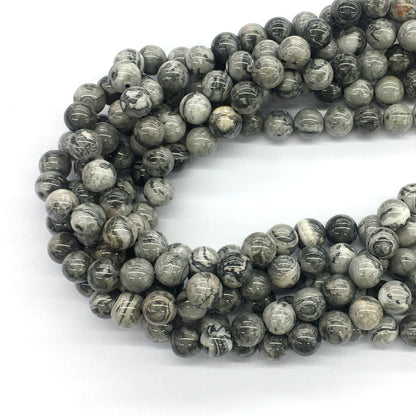 CJP92 Grey Picture Jasper Beads Smooth Round 8mm 15.5" Strand