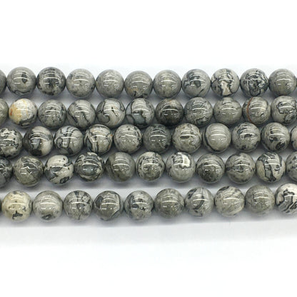 CJP93 Grey Picture Jasper Beads Smooth Round 10mm 15.5" Strand