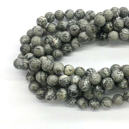 CJP93 Grey Picture Jasper Beads Smooth Round 10mm 15.5" Strand