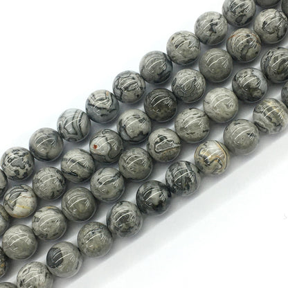 CJP94 Grey Picture Jasper Beads Smooth Round 12mm 15.5" Strand