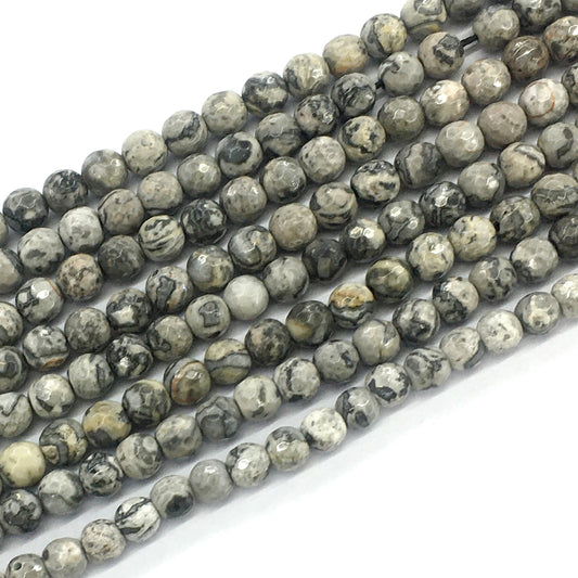 CJP99 Grey Picture Jasper Beads Faceted Round 6mm 15.5" Strand